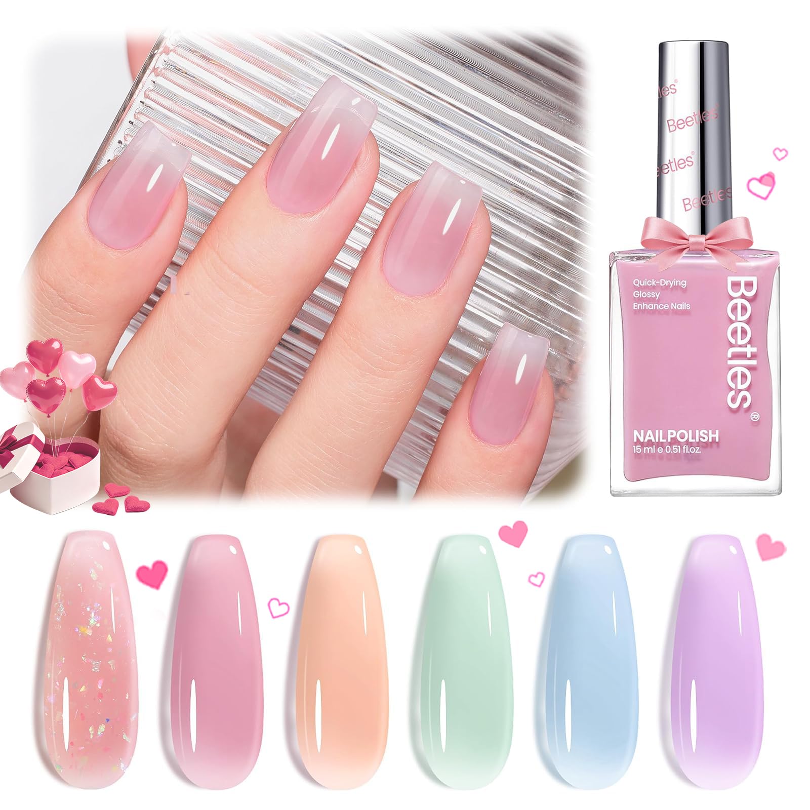 Beetles Jelly Nail Polish Set glitter pink adds party-ready sparkle.