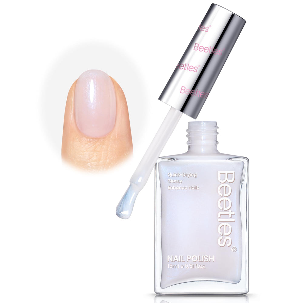 Beetles Jelly White Nail Polish bottle close-up with glossy blue-tinged finish for natural nails