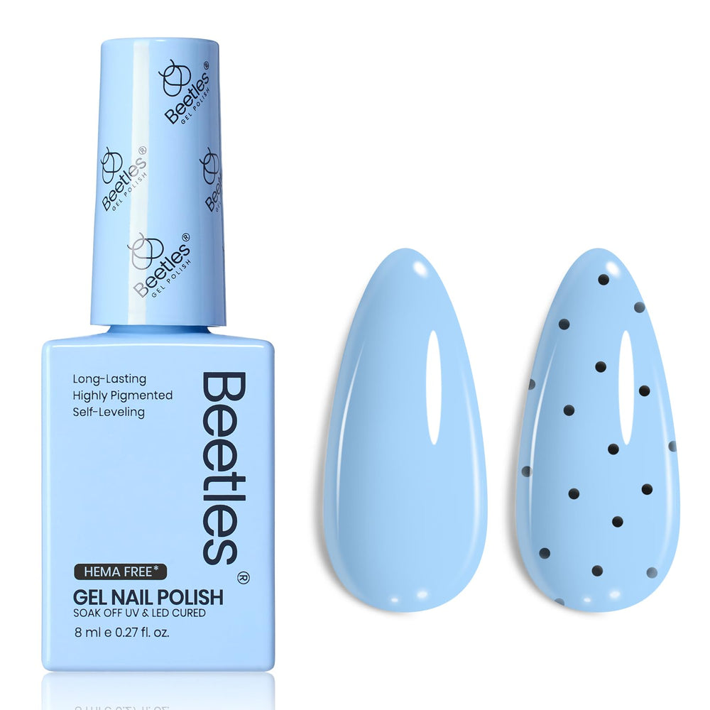 Beetles light blue gel nail polish bottle shows pastel shade for spring nails
