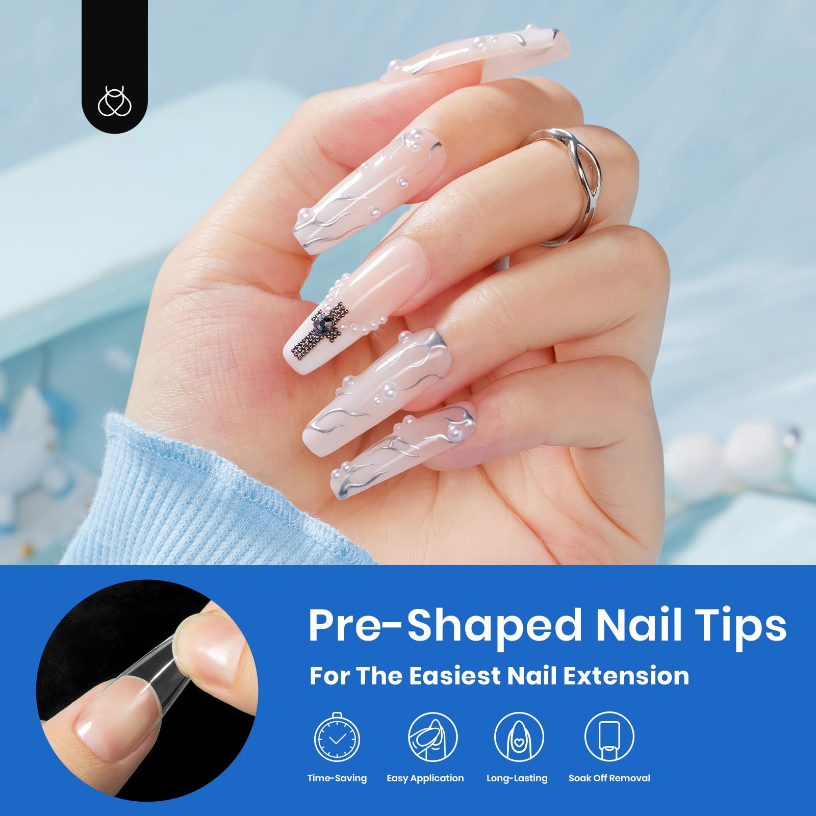 Beetles long coffin pre-shaped clear nail tips for quick extensions