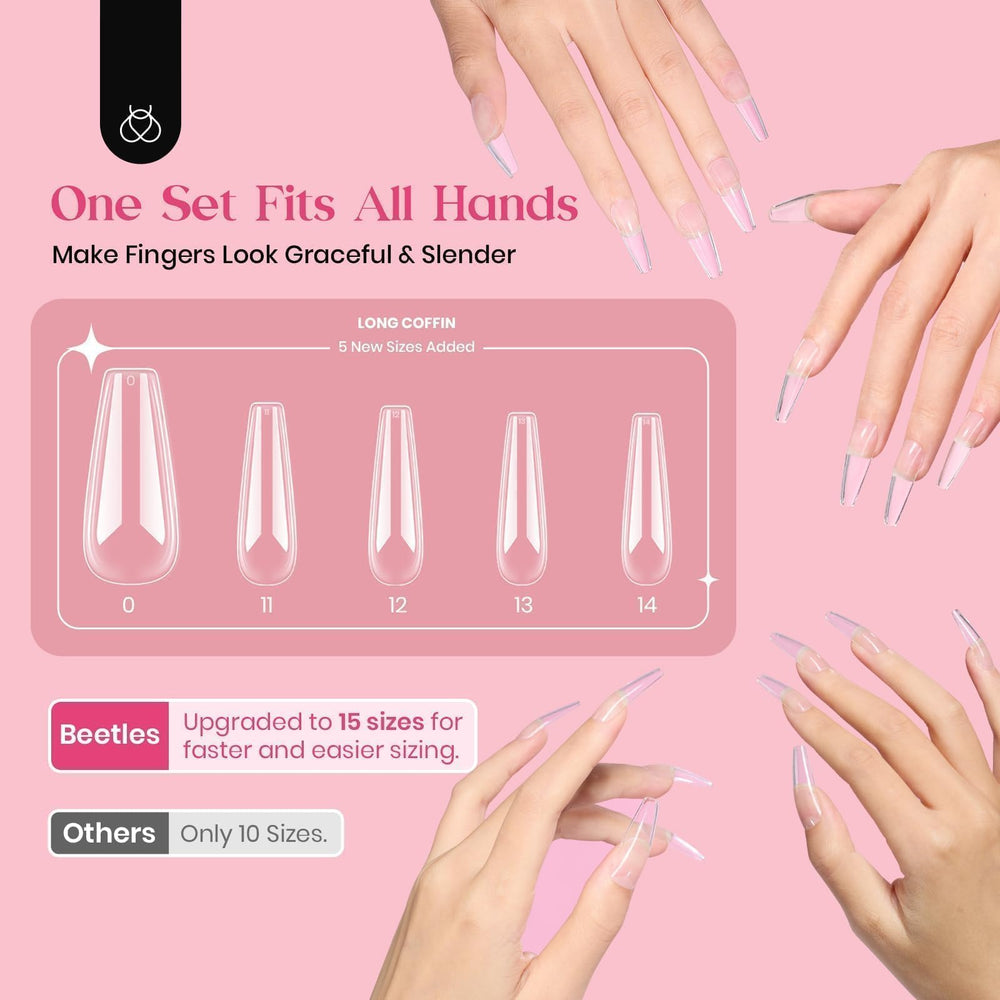Beetles long coffin tips in clear finish ideal for quick nail extensions.