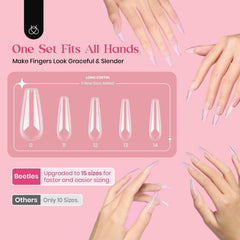 Beetles long coffin tips in clear finish ideal for quick nail extensions.