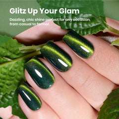Magnetic stick demonstration on forest green cat eye polish.