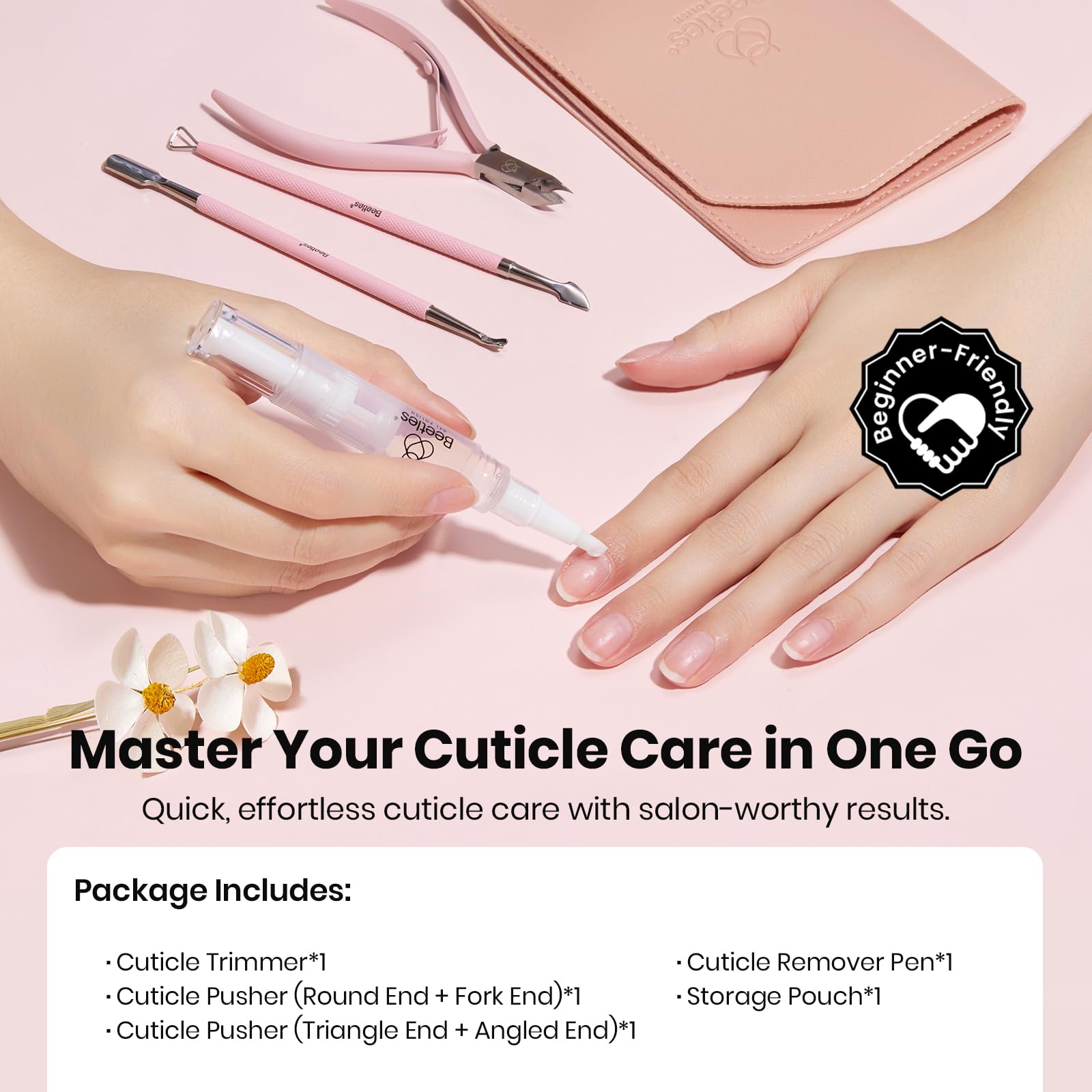 Beetles double-ended pushers (Round/Fork) for neat cuticle removal.