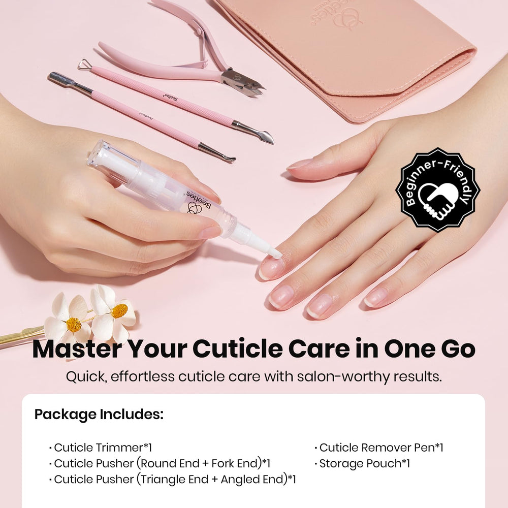 Beetles double-ended pushers (Round/Fork) for neat cuticle removal.