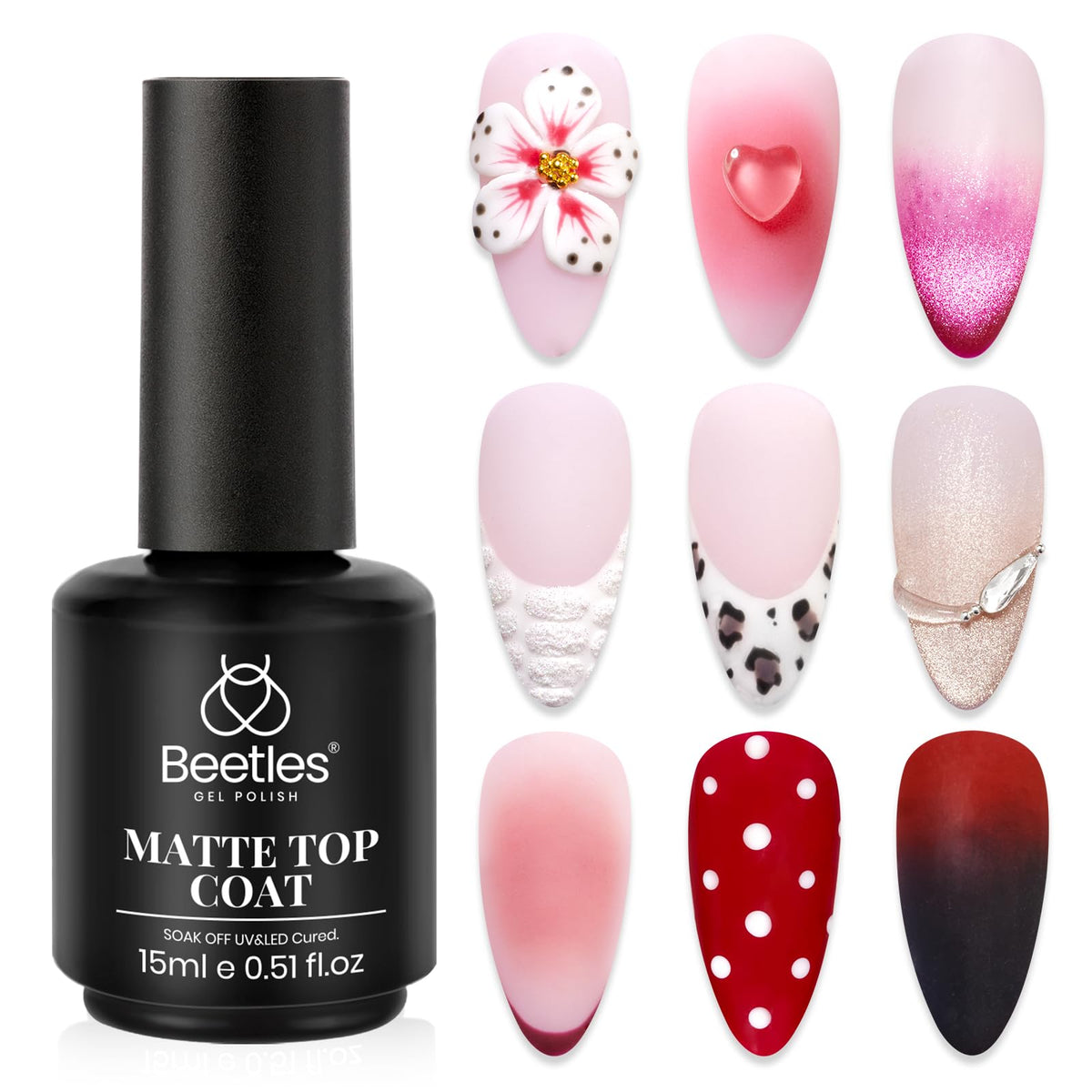 Beetles Matte Gel Top Coat bottle with satin finish for long lasting gel nails