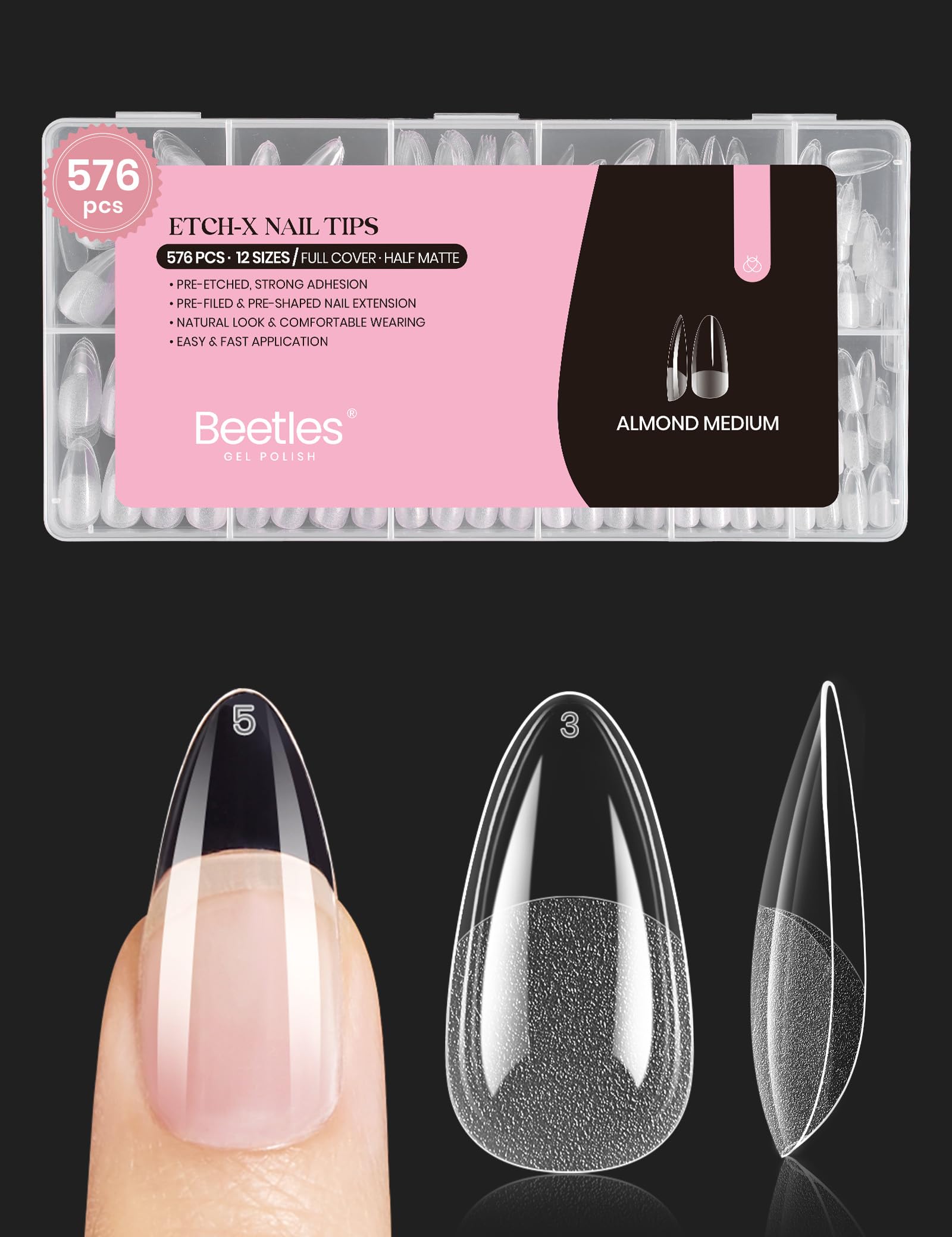 Beetles medium almond nail tips in 576pcs for easy at home extension