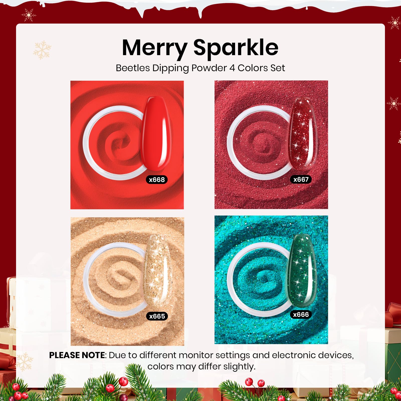 Beetles Merry Sparkle X665 dip powder bottle showing rich holiday shade for festive nails.