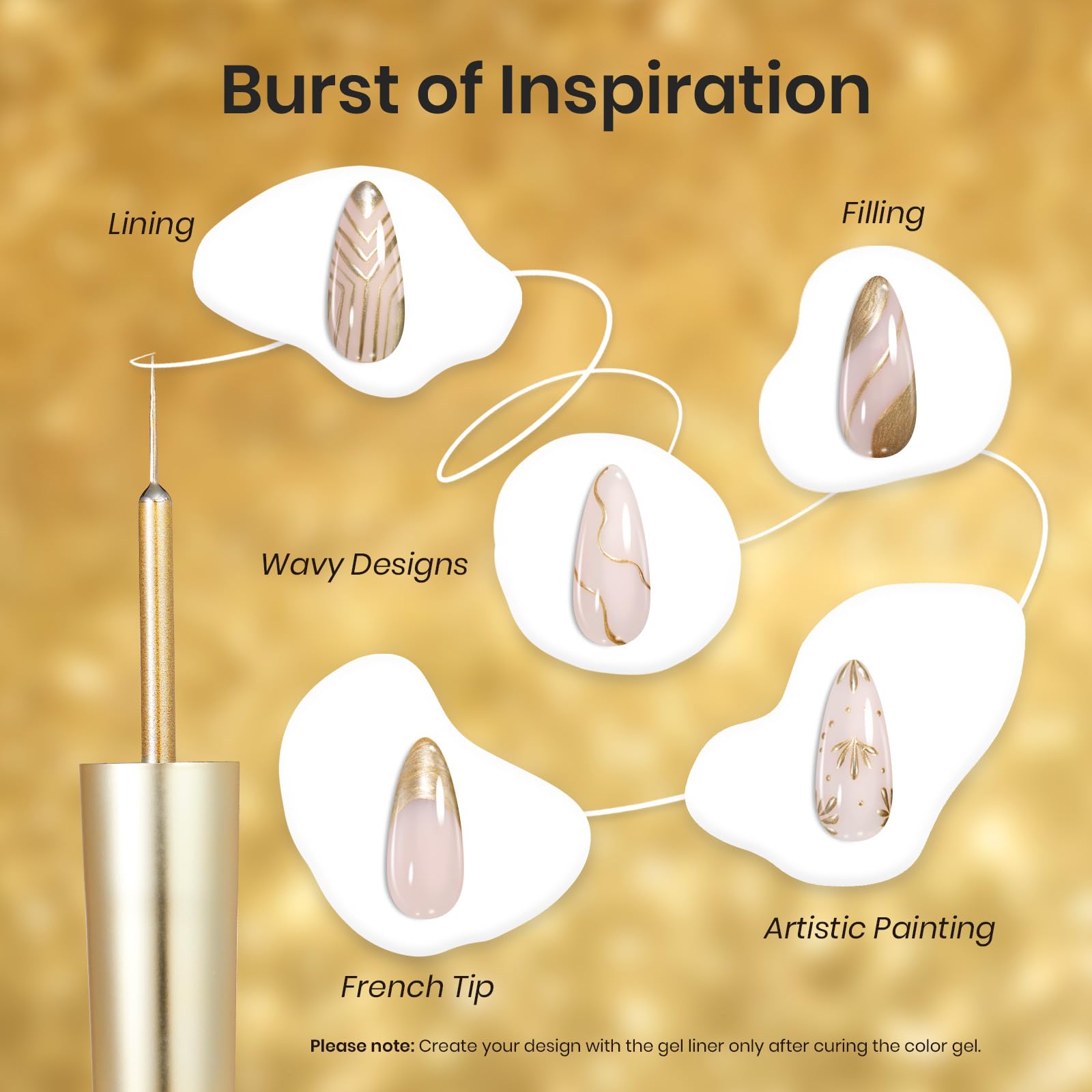 Beetles Metallic Gold Gel Liner delivers sharp, fine lines for nail art