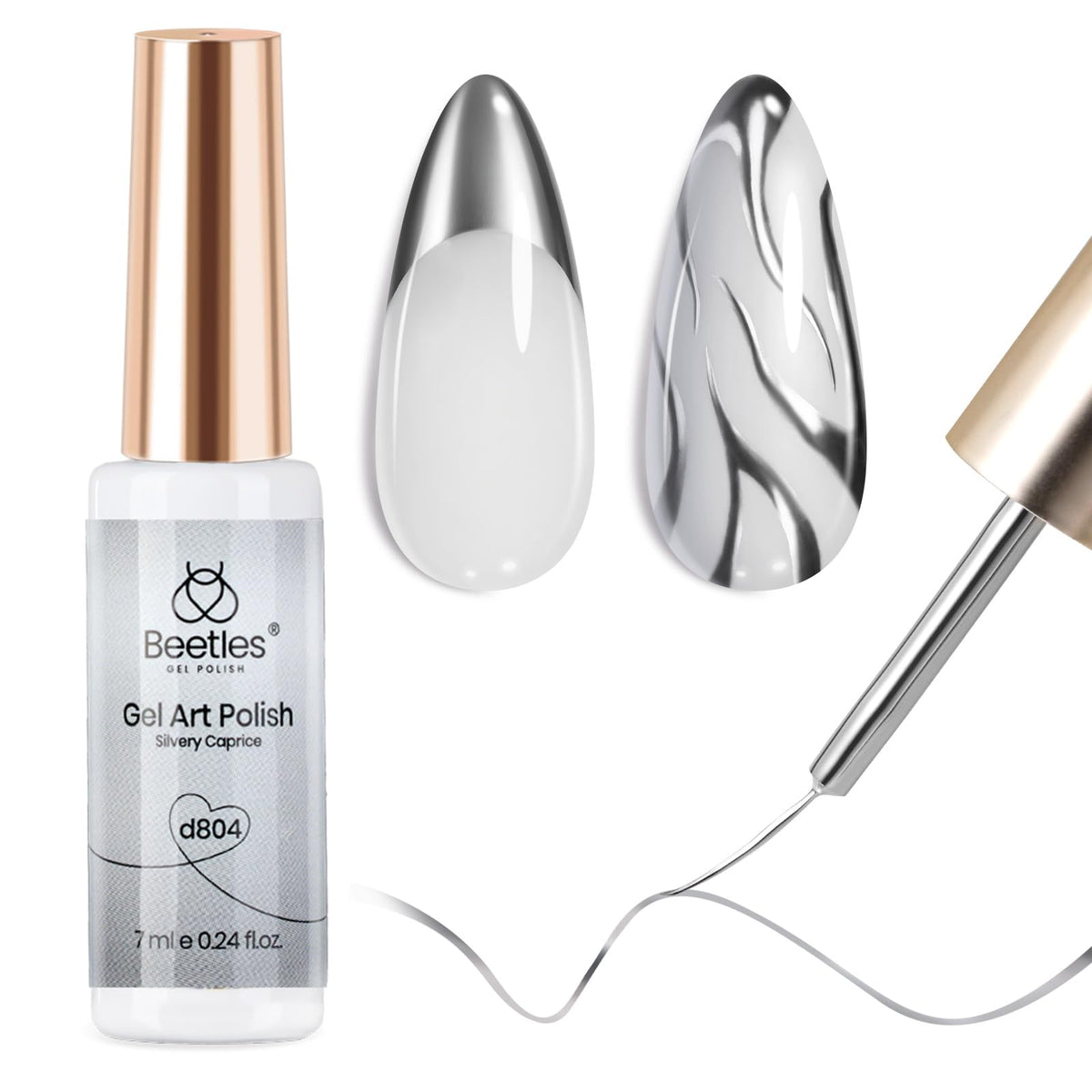 Beetles Metallic Silver Liner Gel bottle close-up for precise nail lines