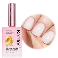 Beetles Milky White gel polish bottle close-up with translucent nude shine