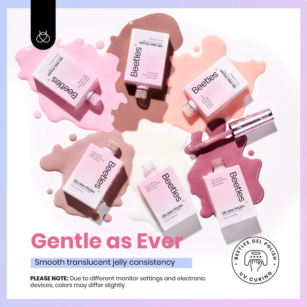 Beetles milky white swatches show nude pink range for soft, elegant nails.