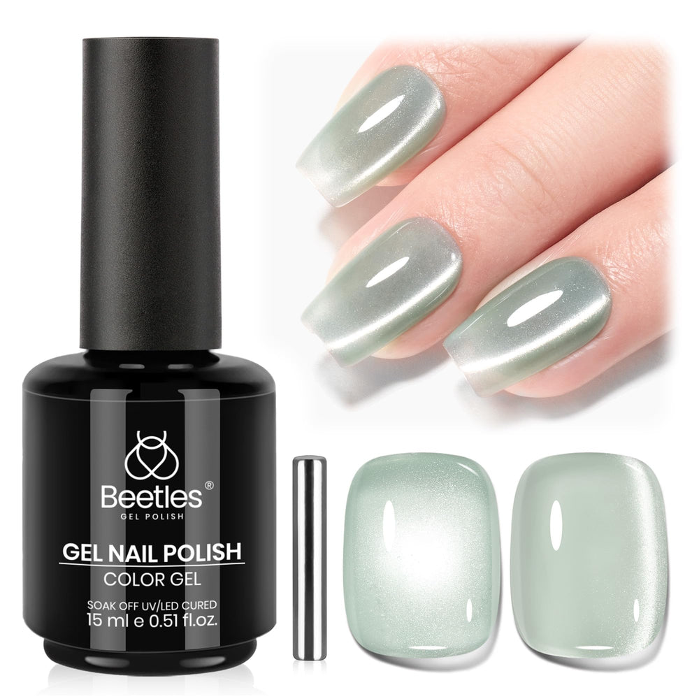 Beetles Misty Green Cat Eye polish with magnetic shimmer for an elegant glassy finish.