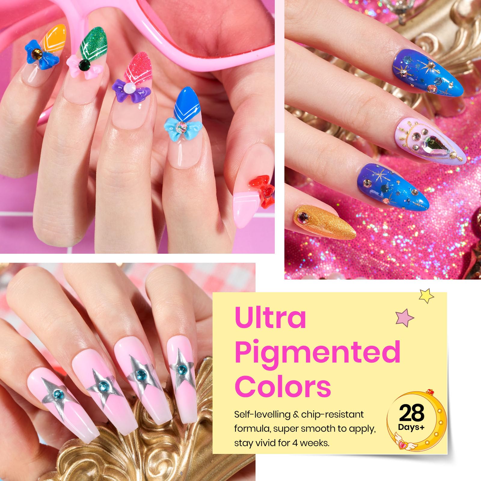 Beetles mixed rhinestones provide sparkly accents for party nails.