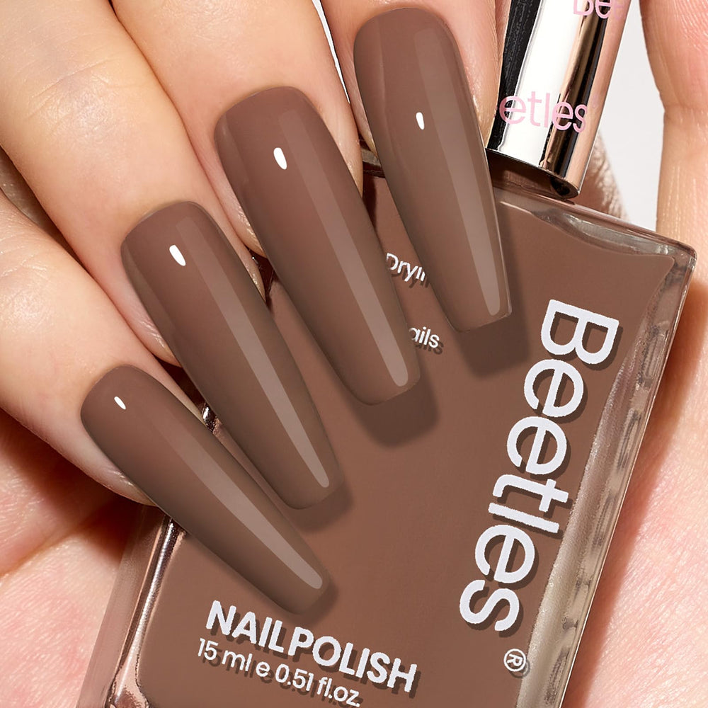 Beetles Mocha Mousse bottle shot shows rich dark brown shade with quick-dry salon finish.