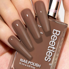 Beetles Mocha Mousse bottle shot shows rich dark brown shade with quick-dry salon finish.
