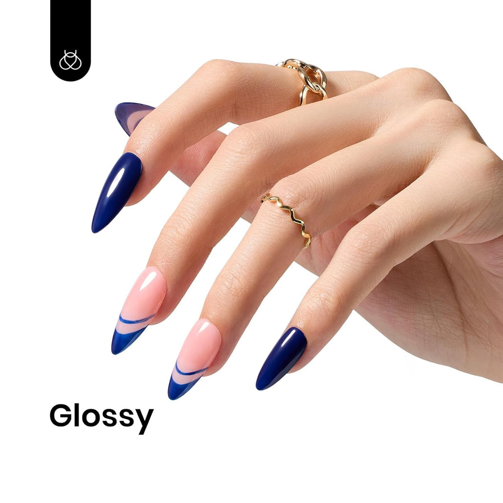 Beetles navy blue gel manicure shown in an at home setup.