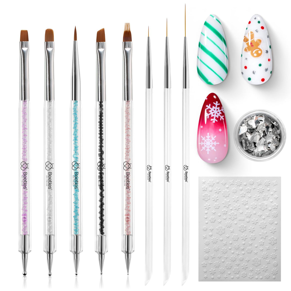 Beetles 8pcs double-headed nail art brushes set for versatile color application and blending.