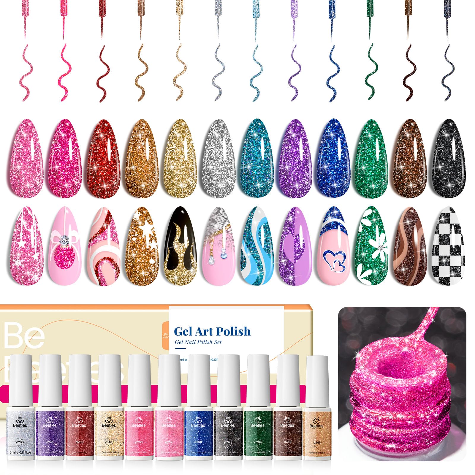 Beetles Gel Liner 12 colors swatch for precise nail art ideas