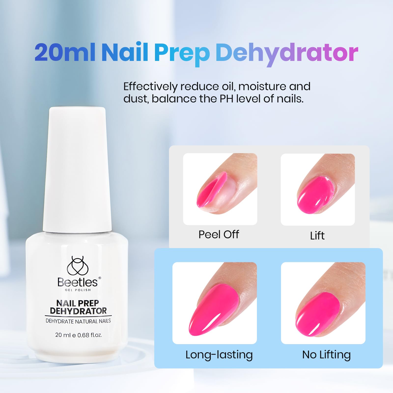 Beetles Nail Dehydrator 20ml bottle pour demonstrates quick surface prep before base coats.