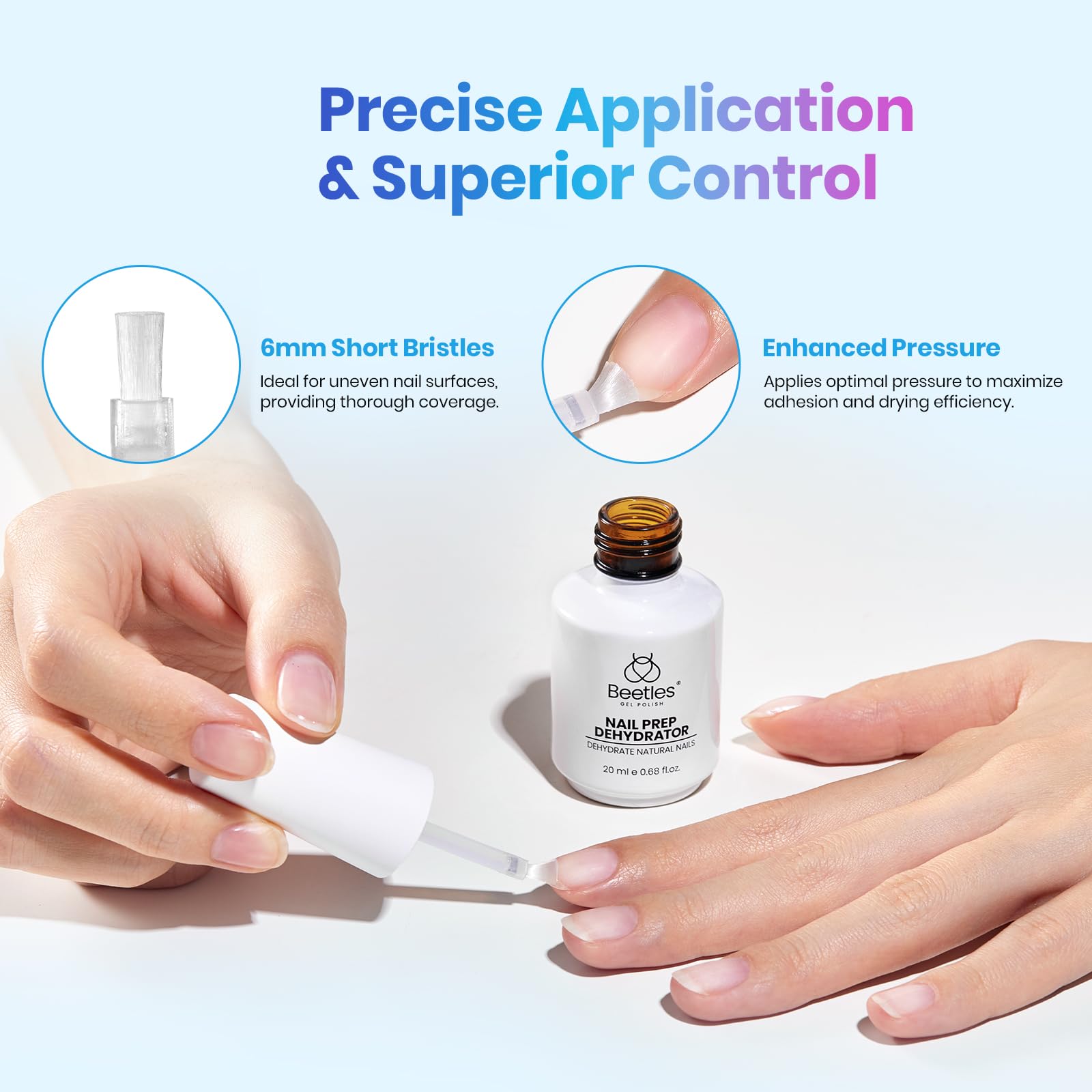 Beetles Nail Dehydrator 20ml brush close-up 6mm highlights precise, thorough cleaning.
