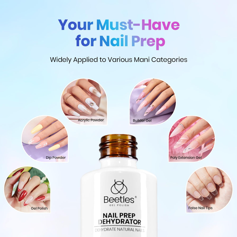 Beetles Nail Dehydrator compatibility image emphasizes cross-brand use with gel, dip, and builder systems.