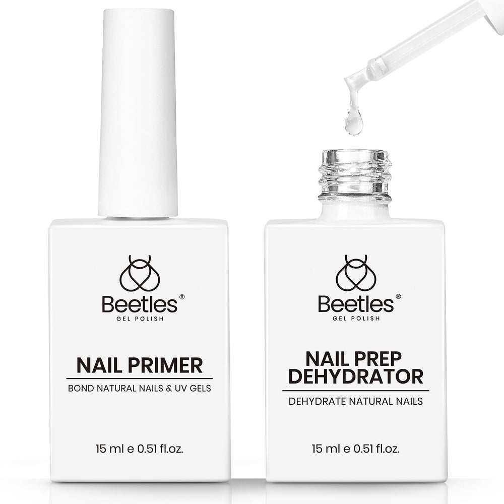 Beetles Nail Dehydrator and Primer bottle pour showing prep for long-lasting wear
