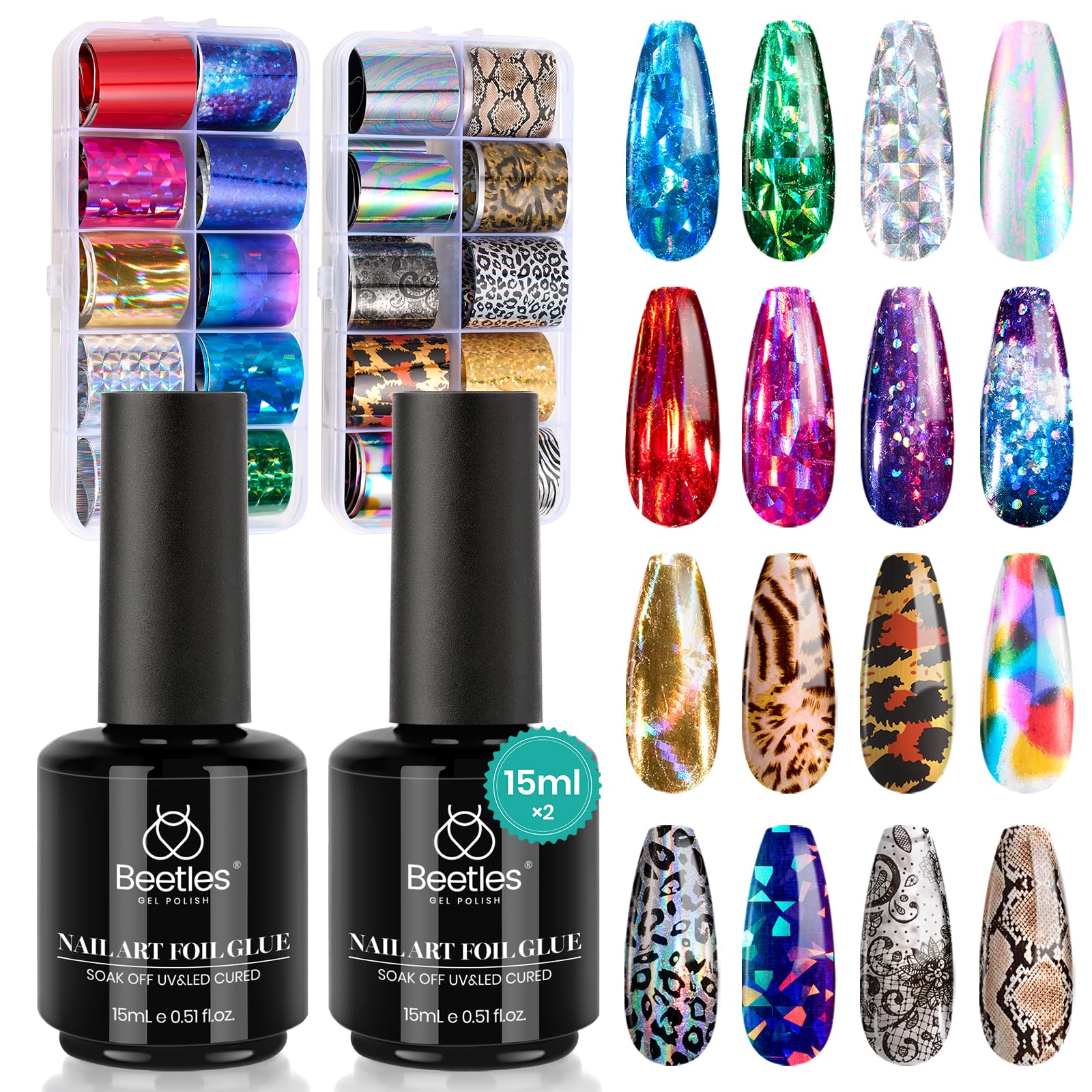 Beetles Nail Foil Art Kit box and foil sheets for at-home nail design