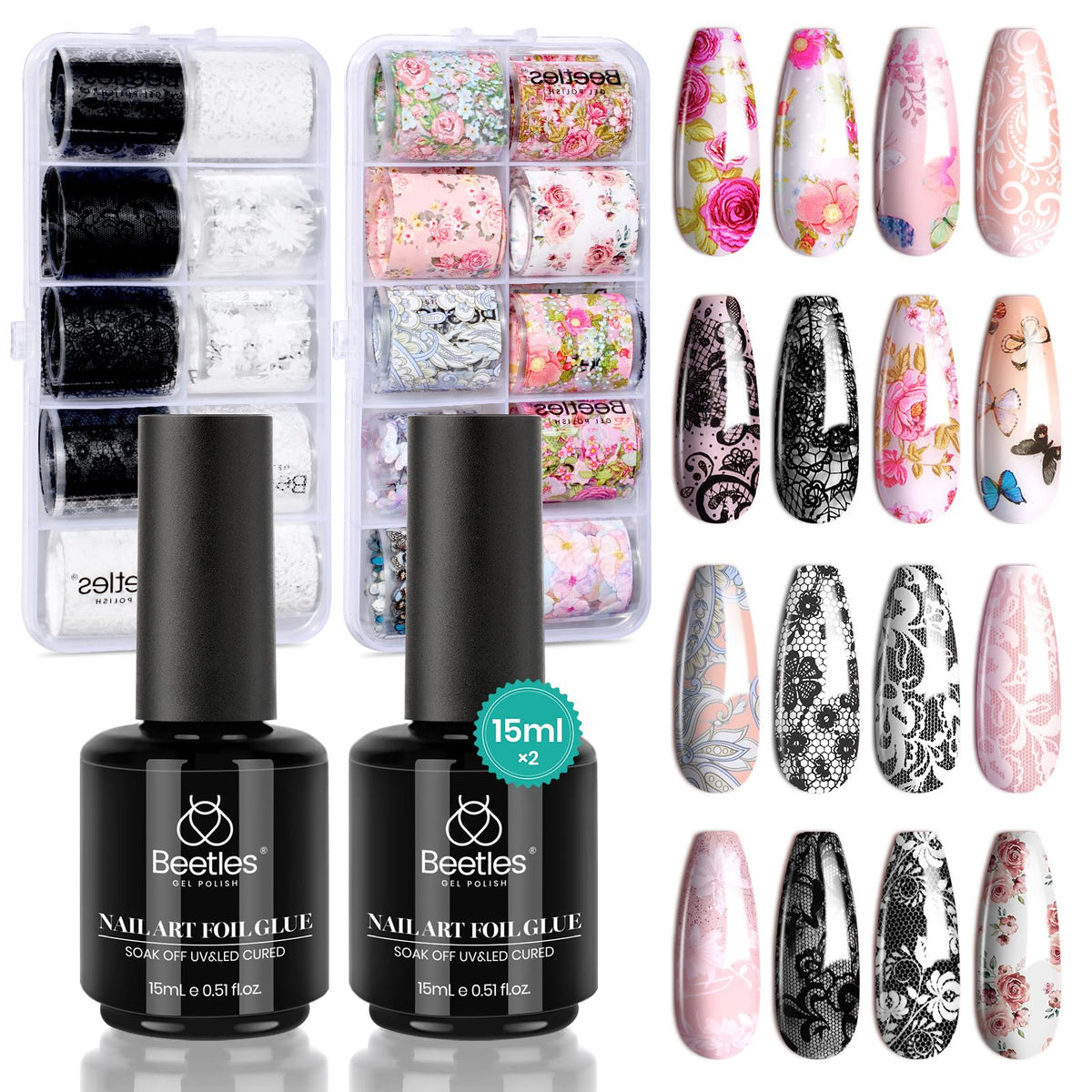 Beetles Nail Foil Glue Gel bottles for versatile DIY manicures.