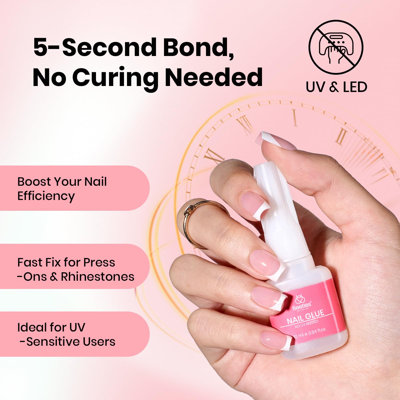 Beetles Press On Nail Glue 10ml quick-drying formula in use on fake nails.