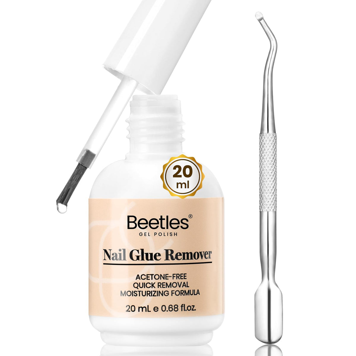 Beetles Nail Glue Remover bottle demonstrates gentle removal without harsh acetone.