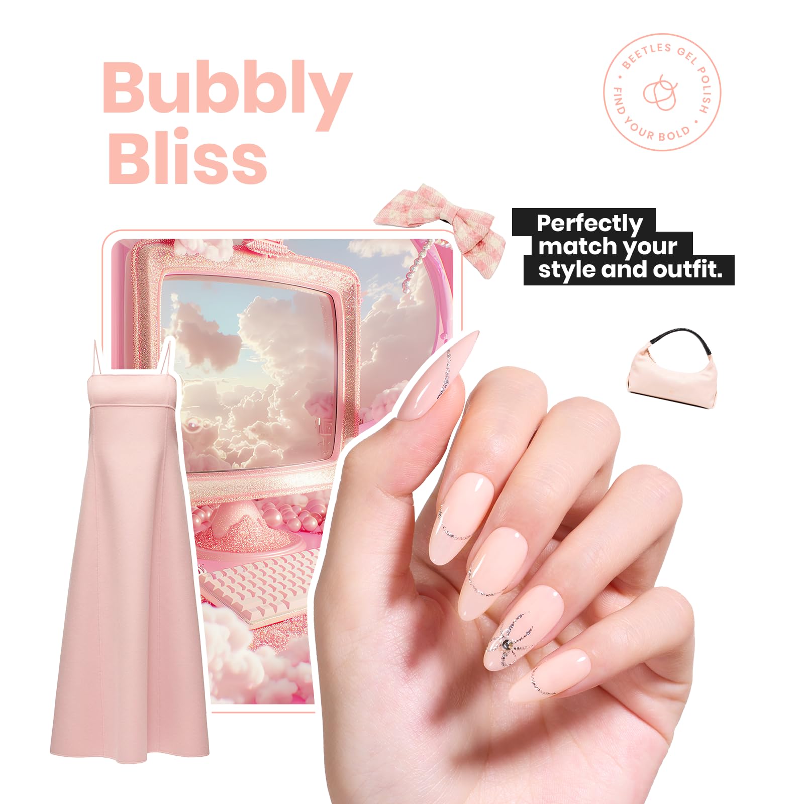 Beetles Bubble Bliss strengthener highlights keratin and vitamins for nail care.