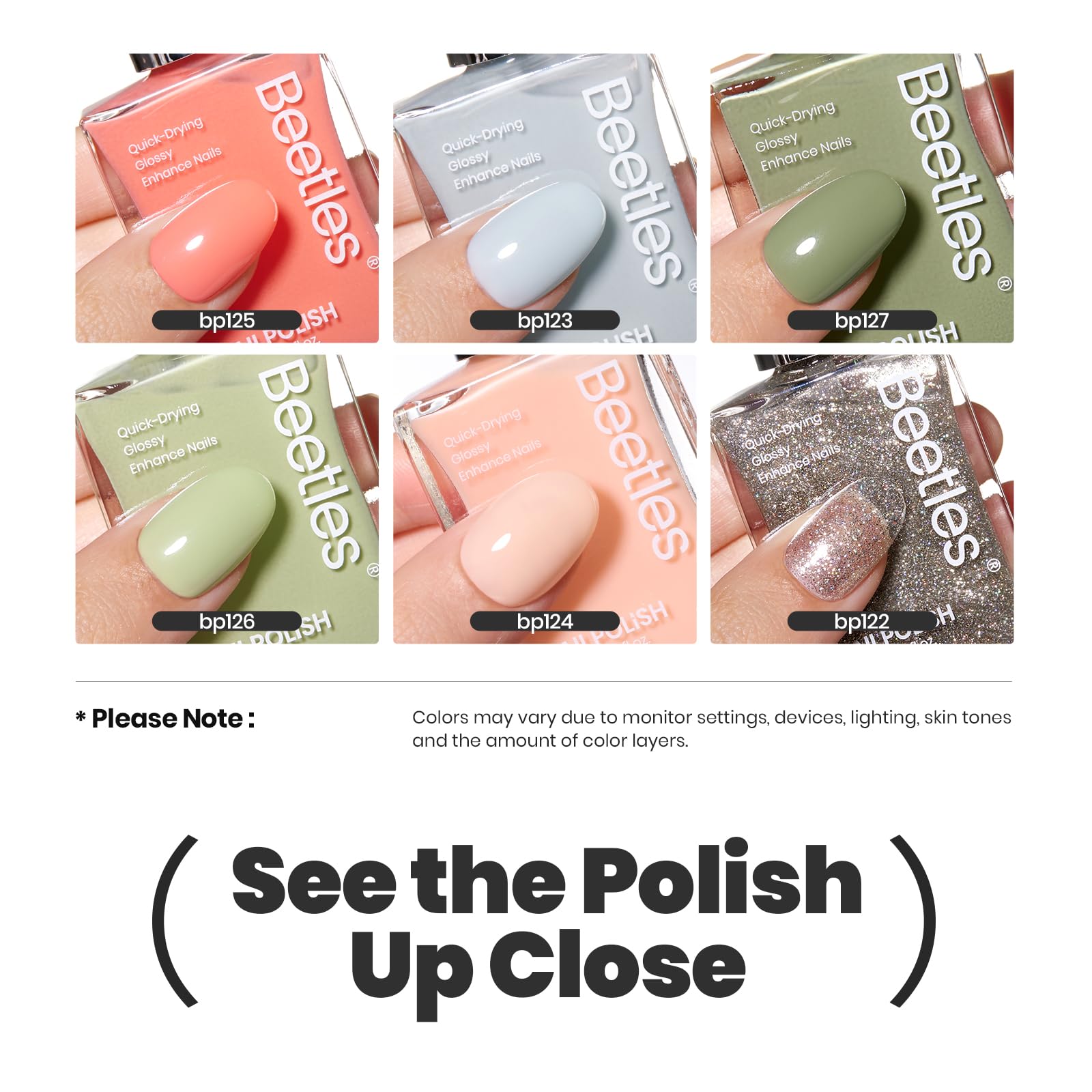 Beetles glitter green nail polish close-up highlighting vibrant glitter finish.