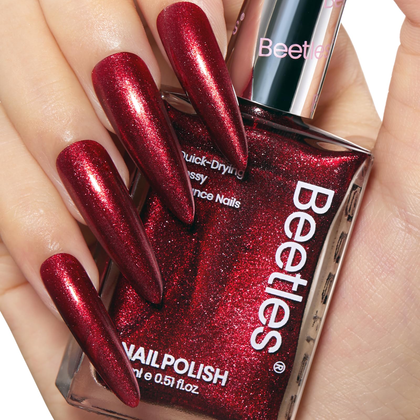 Beetles Ruby Radiance red glitter nail polish bottle for festive nails.