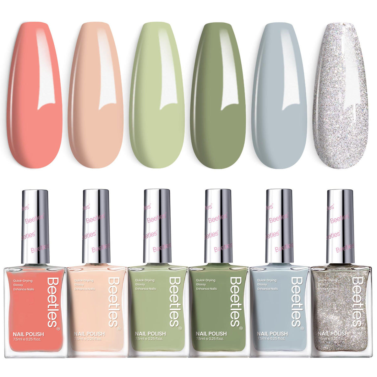 Beetles Nail Polish Set P176 overview showing six color options for DIY manicures.