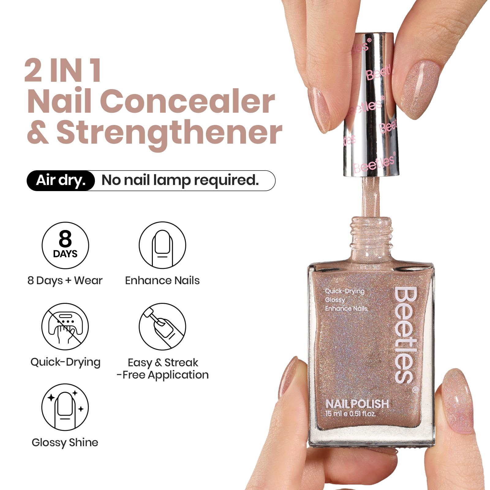 Beetles Nail Strengthener 2in1 brush demonstrates ridges smoothing with a natural shine.