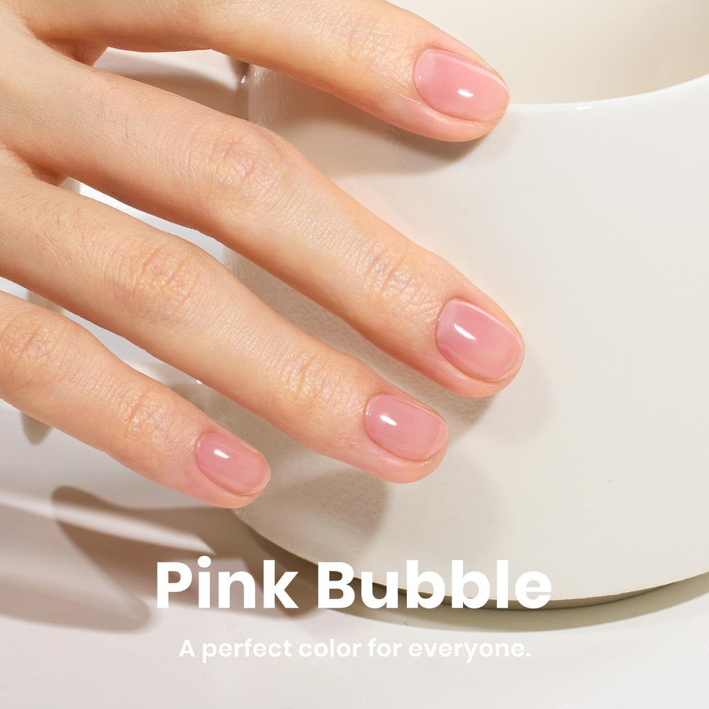 Beetles Nail Strengthener Jelly Pink close-up highlights translucent pink glow on nails.