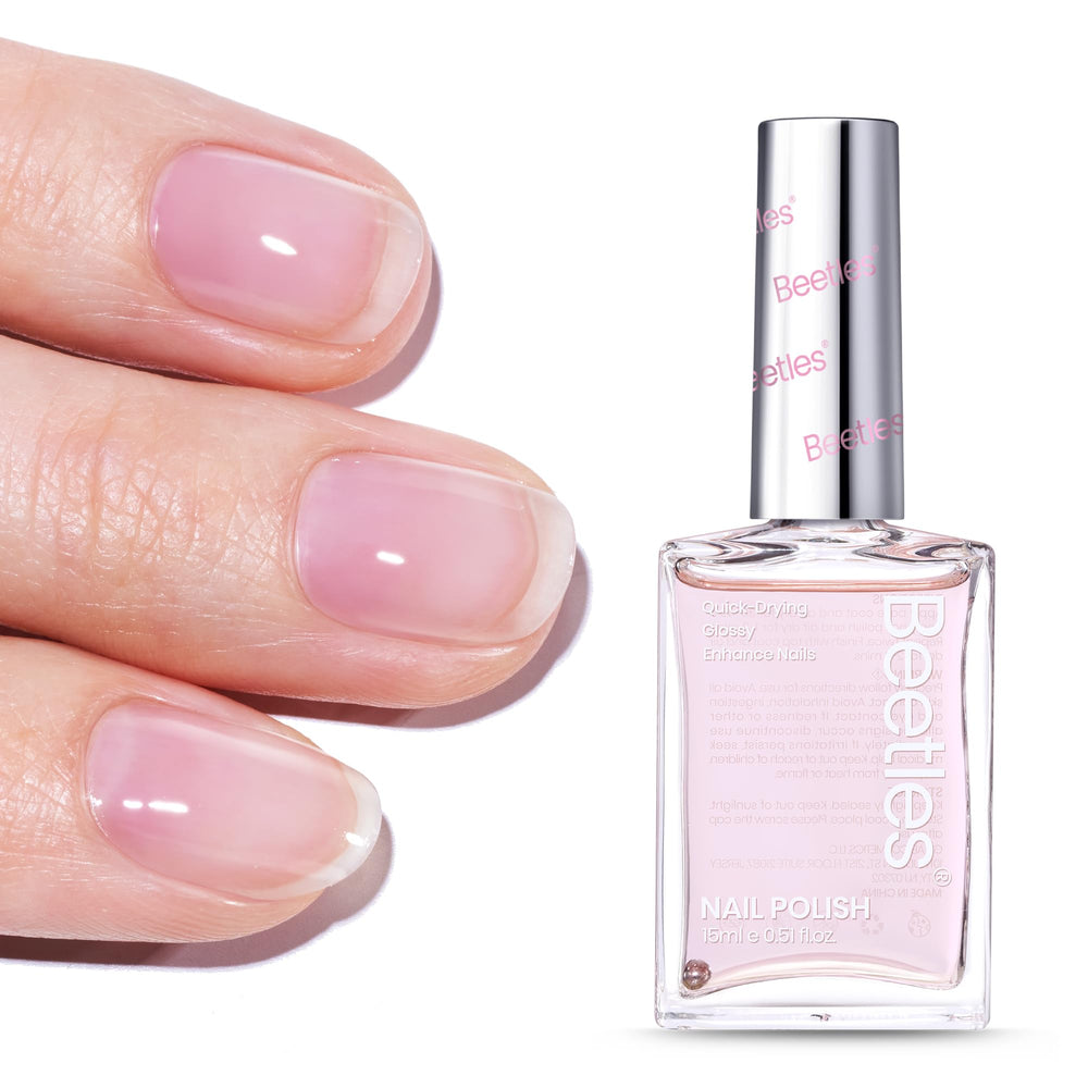 Beetles Pink Shine bottle shows concealing and strengthening effects on nails.