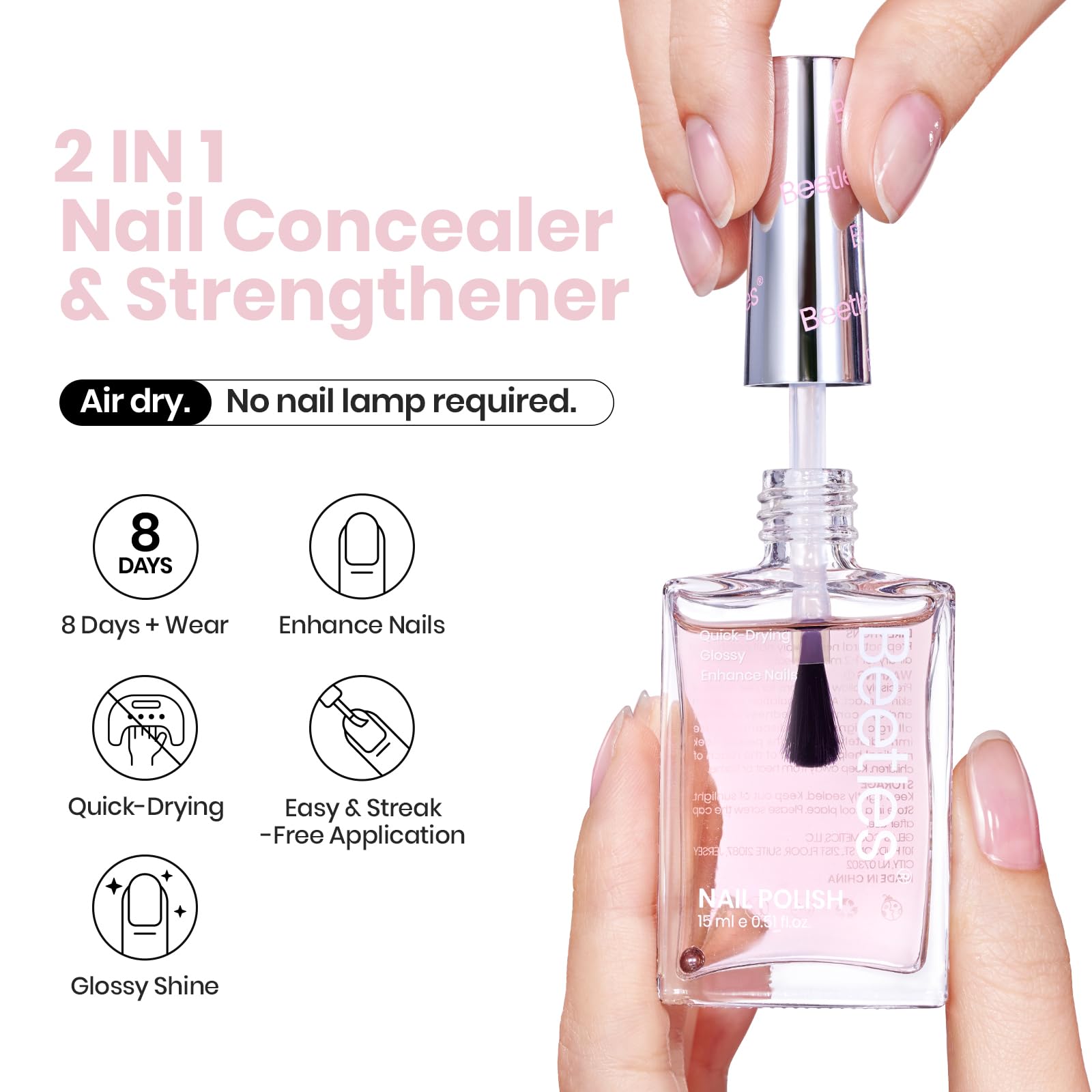 Beetles Pink Shine applied on nails for even coverage and quick look.