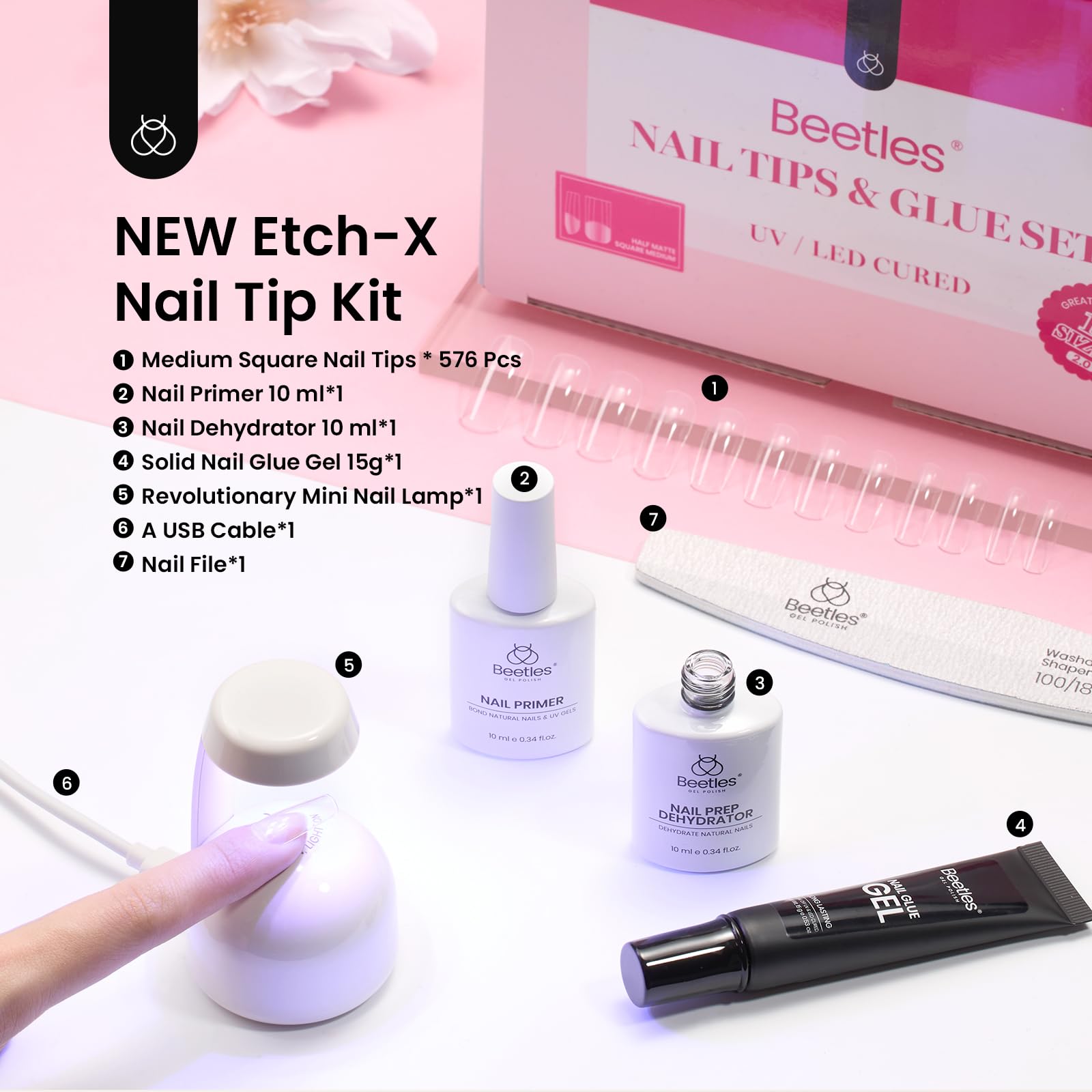 Beetles nail tips display pack showing full set and sizes