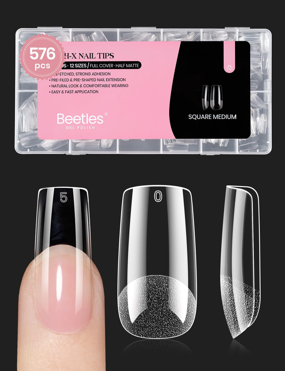 Beetles Nail Tips Medium Square 576Pcs for quick salon-like results at home.