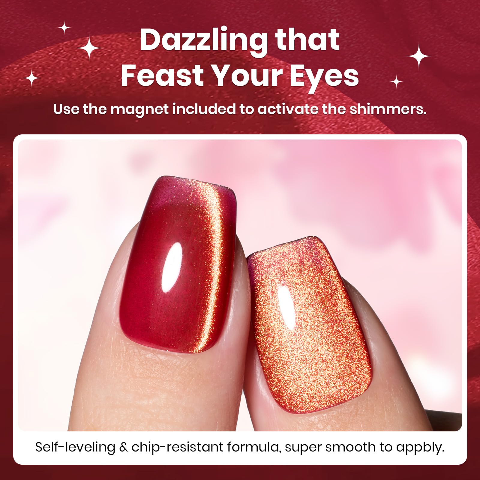Beetles manicured nails featuring red cat eye design with shimmering depth