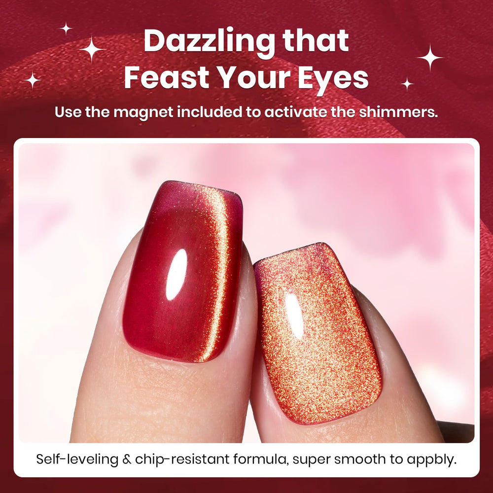 Beetles manicured nails featuring red cat eye design with shimmering depth
