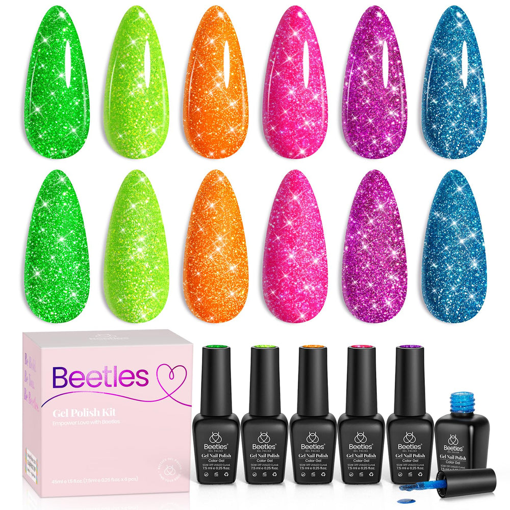 Beetles Gel Polish Neon Carnival hot pink glitter swatches for bold party nails.