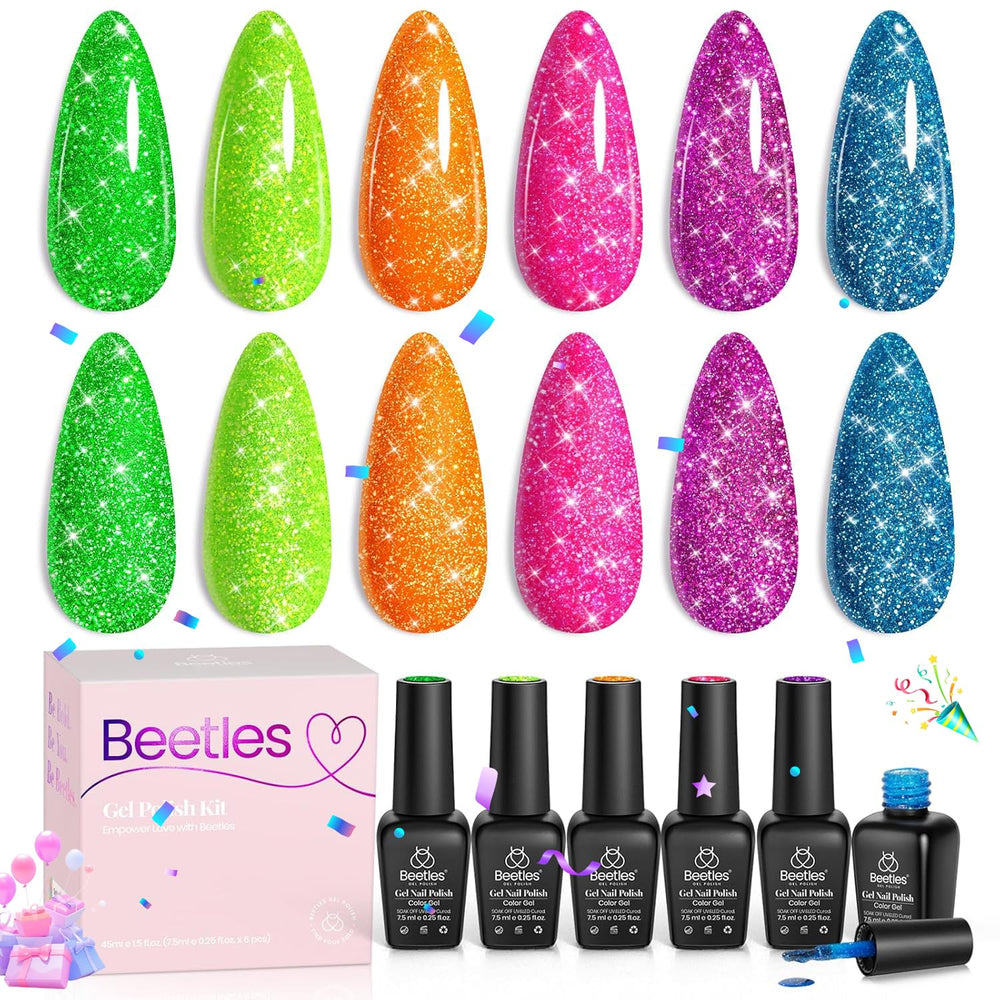 Beetles Gel Polish Neon Carnival at-home kit enables quick glitter nail art.