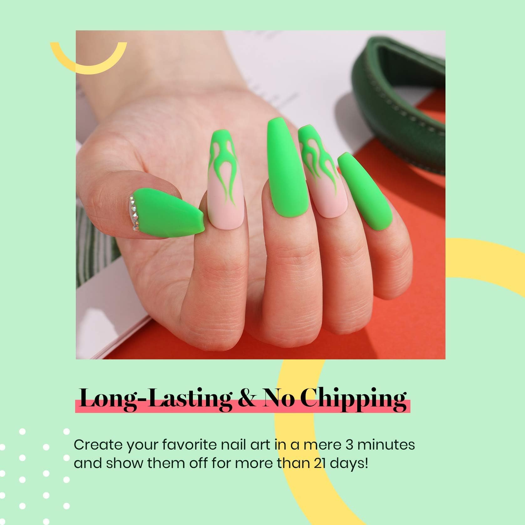 Beetles Neon Green gel polish being applied for a quick manicure.