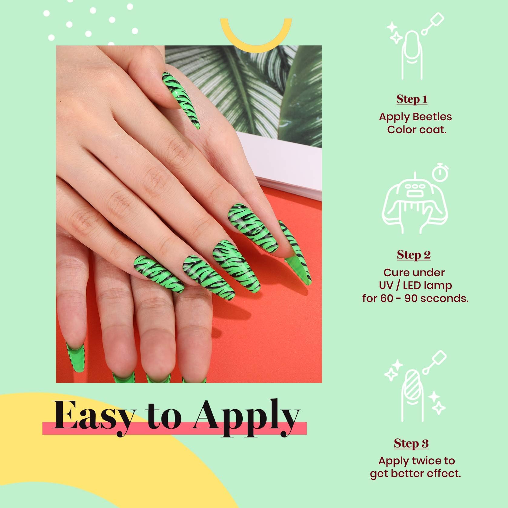Beetles Neon Green gel polish ready with base and top coats.