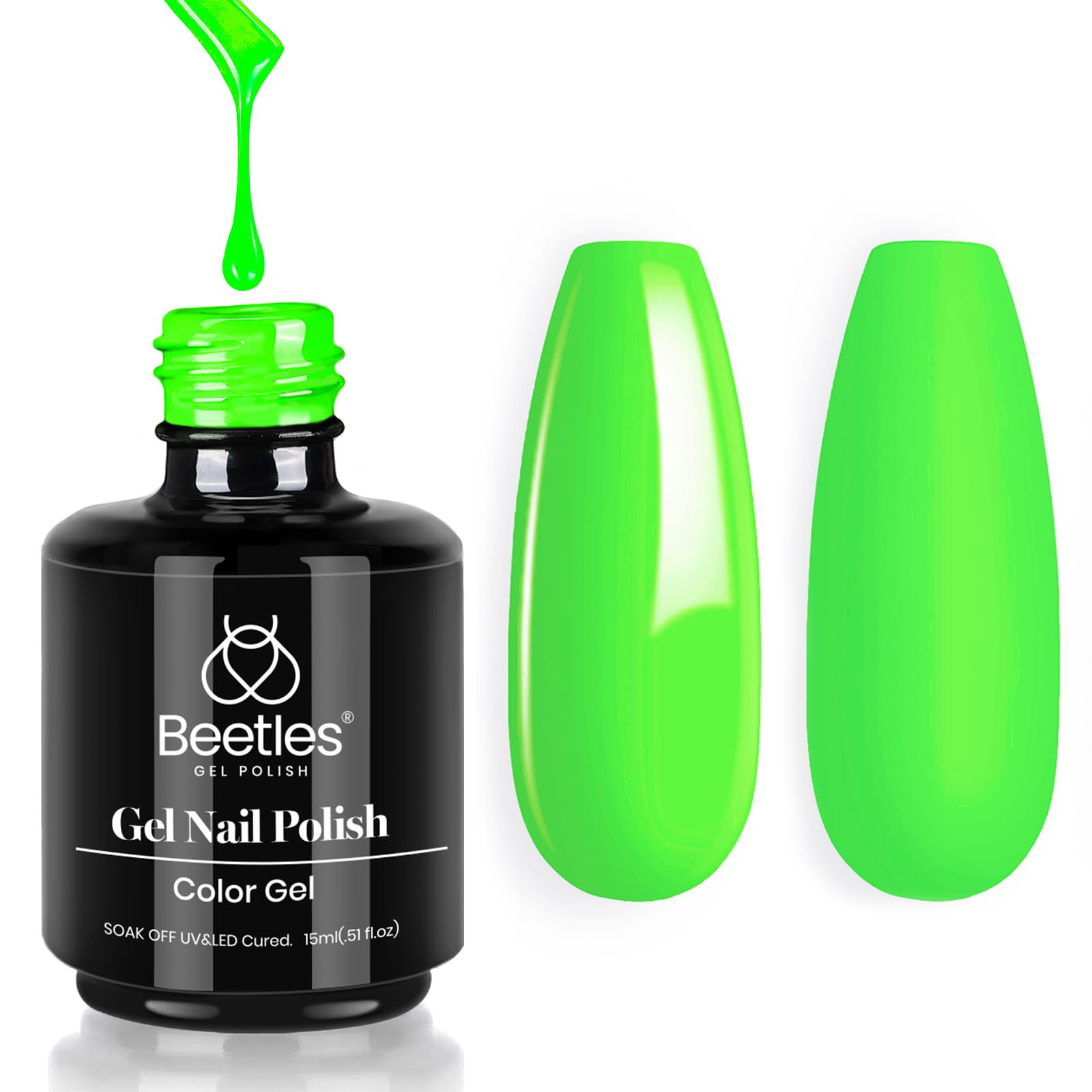 Beetles Neon Green gel polish bottle ready for at-home manicures.