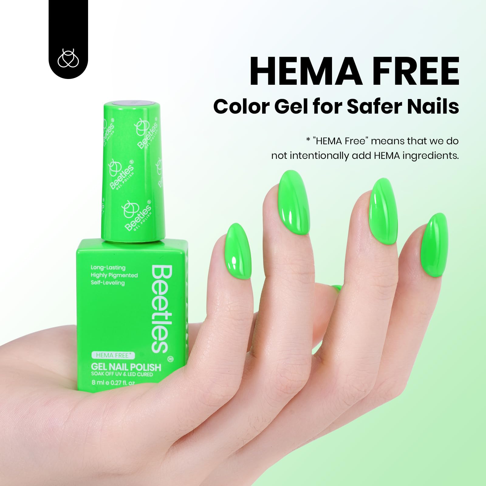 Beetles Neon Green Gel Polish cap and bottle—sleek display for easy shade identification