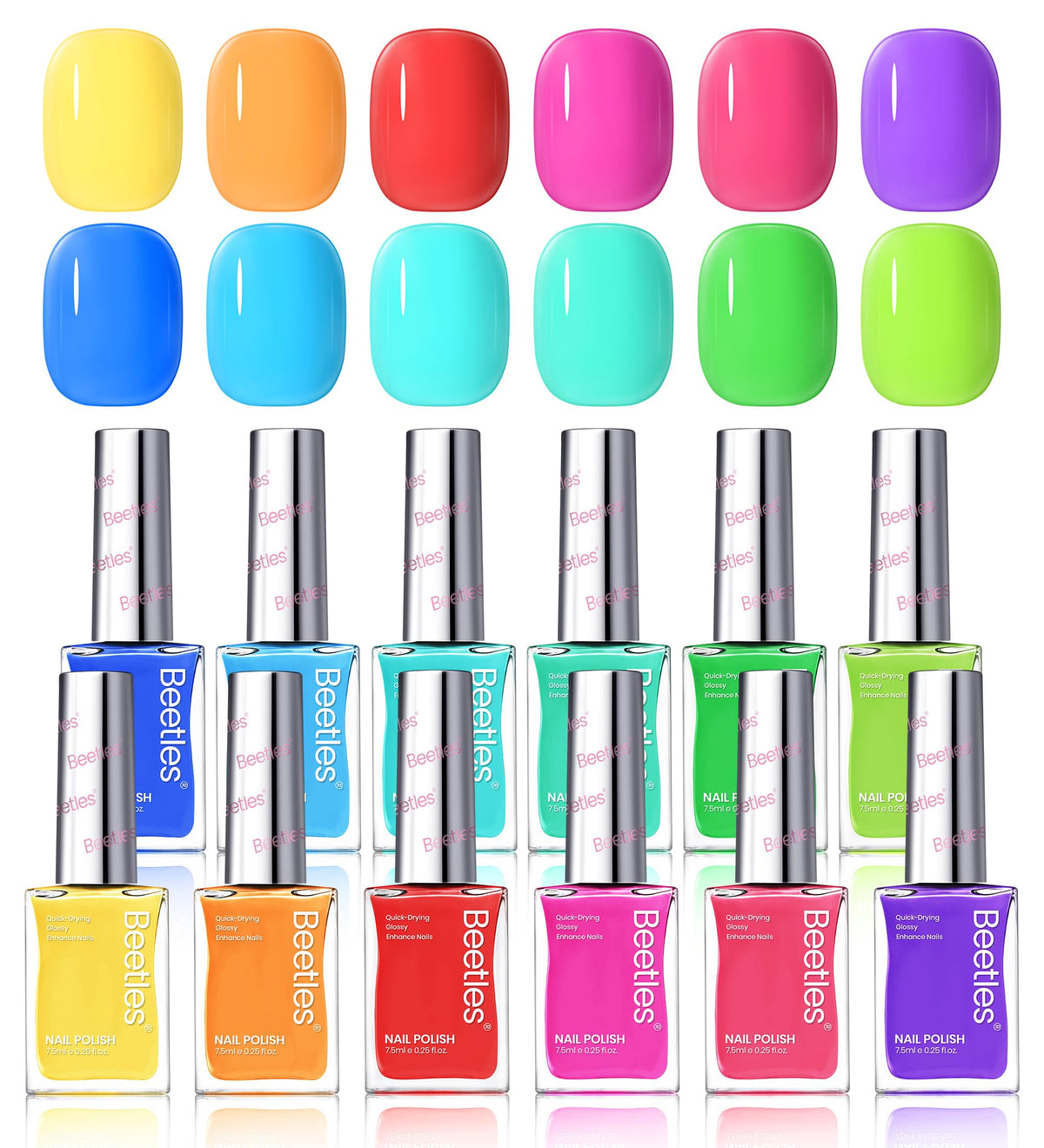 Beetles Neon Nail Polish Set with 12 bright shades for quick, high-gloss manicures.